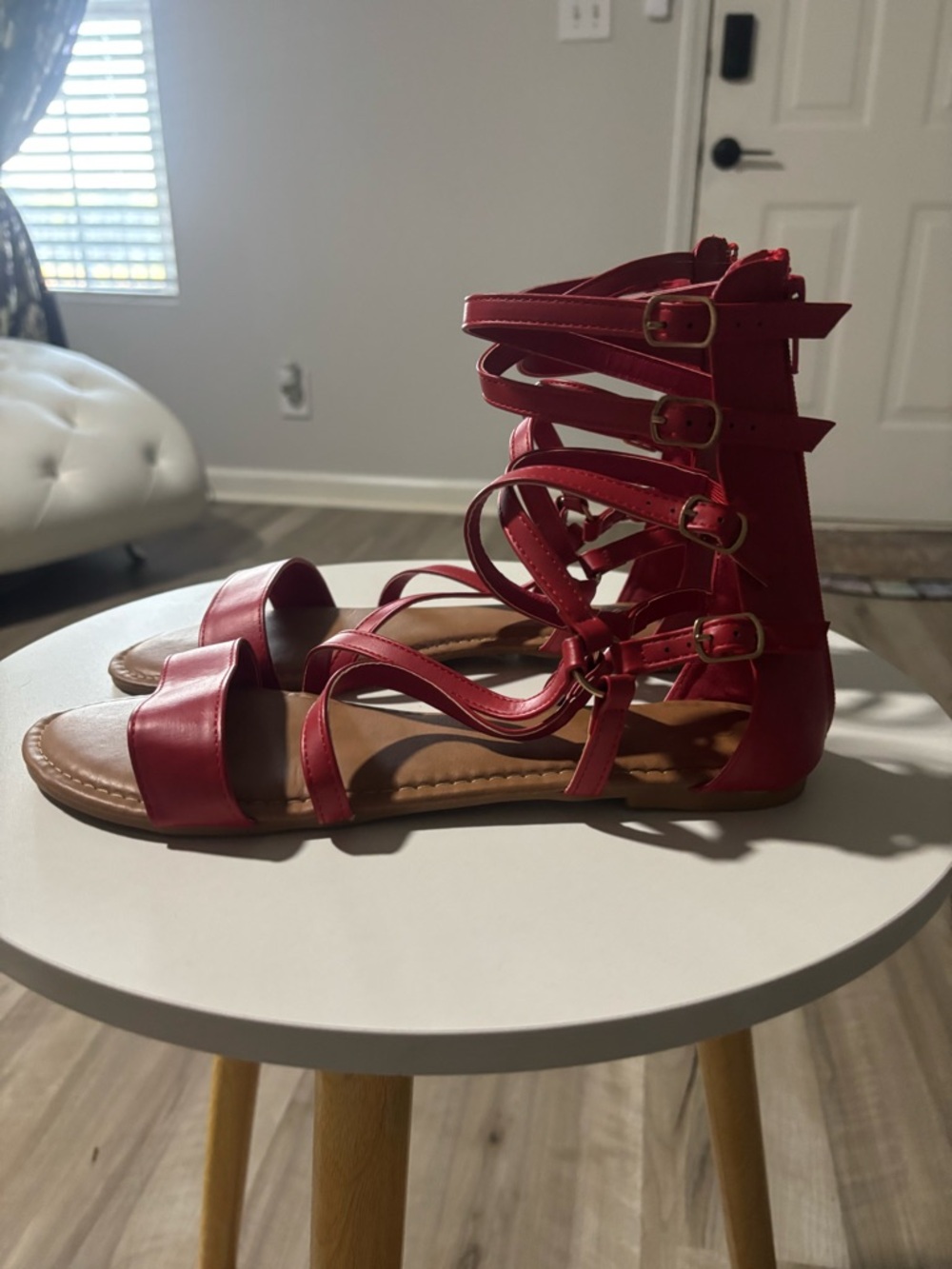 Red Strappy Gladiator Flat Sandals - Women